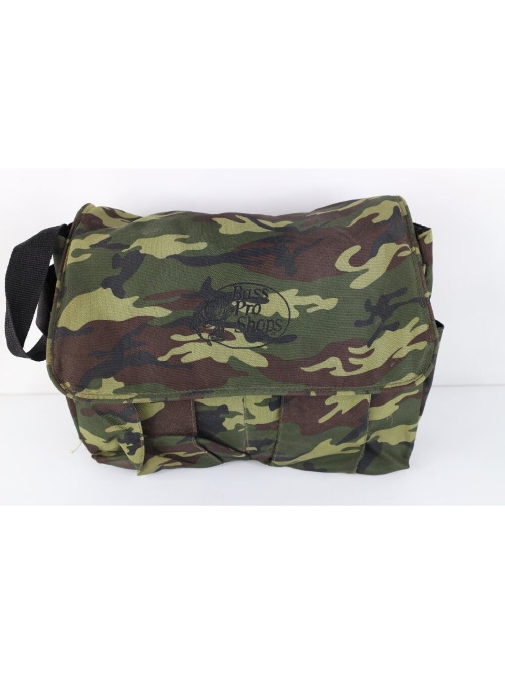 Vintage 90s Y2K Distressed Bass Pro Shops Camouflage Messenger Bag Carry On Pack